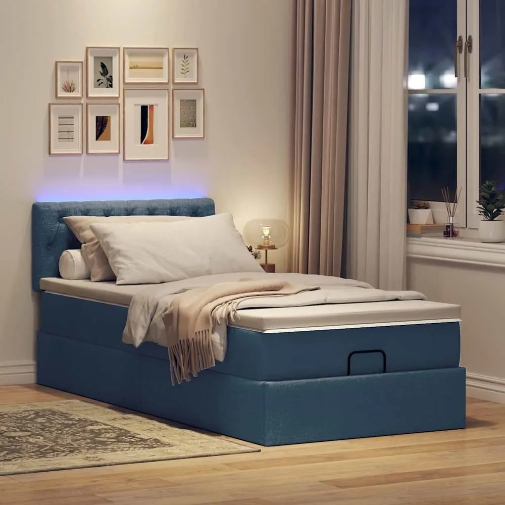 Premium Impermeável Cama Otomana com Colchão & LEDs Tecido Azul 90x200 cm