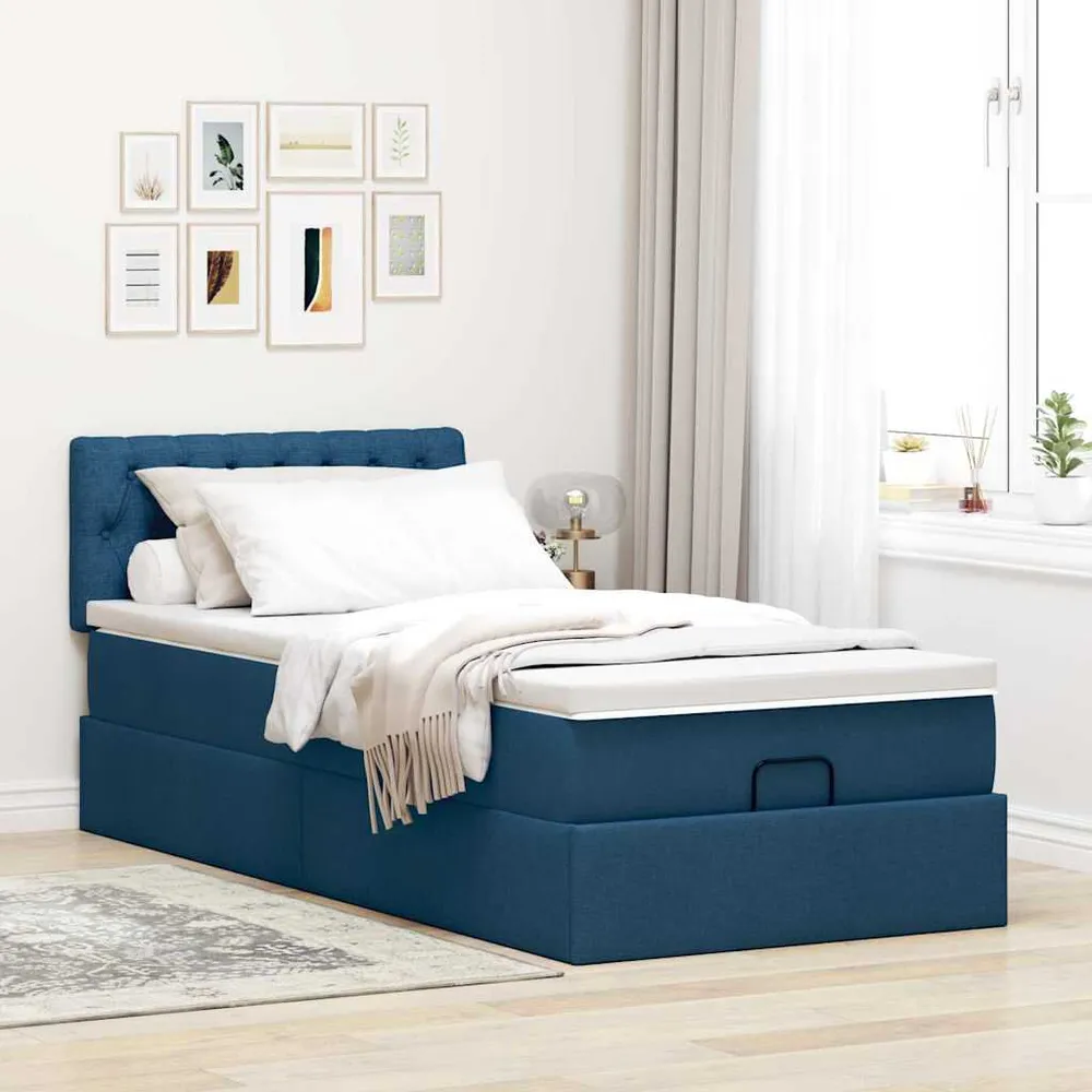 Premium Impermeável Cama Otomana com Colchão & LEDs Tecido Azul 90x200 cm