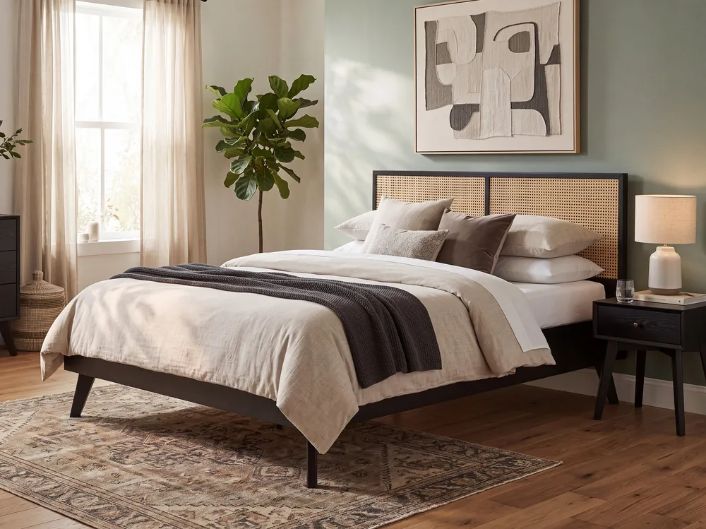 Rattan EU King Size Bed Preto MONPAZIER com Bomba Elétrica Inclusa
