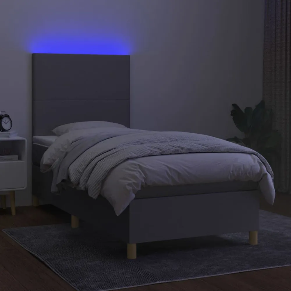 Cama box spring colchão/LED 100x200cm tecido cinza-acastanhado