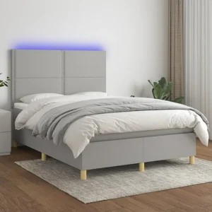 Cama box spring com colchão e LED 140x190 cm tecido cinza-claro