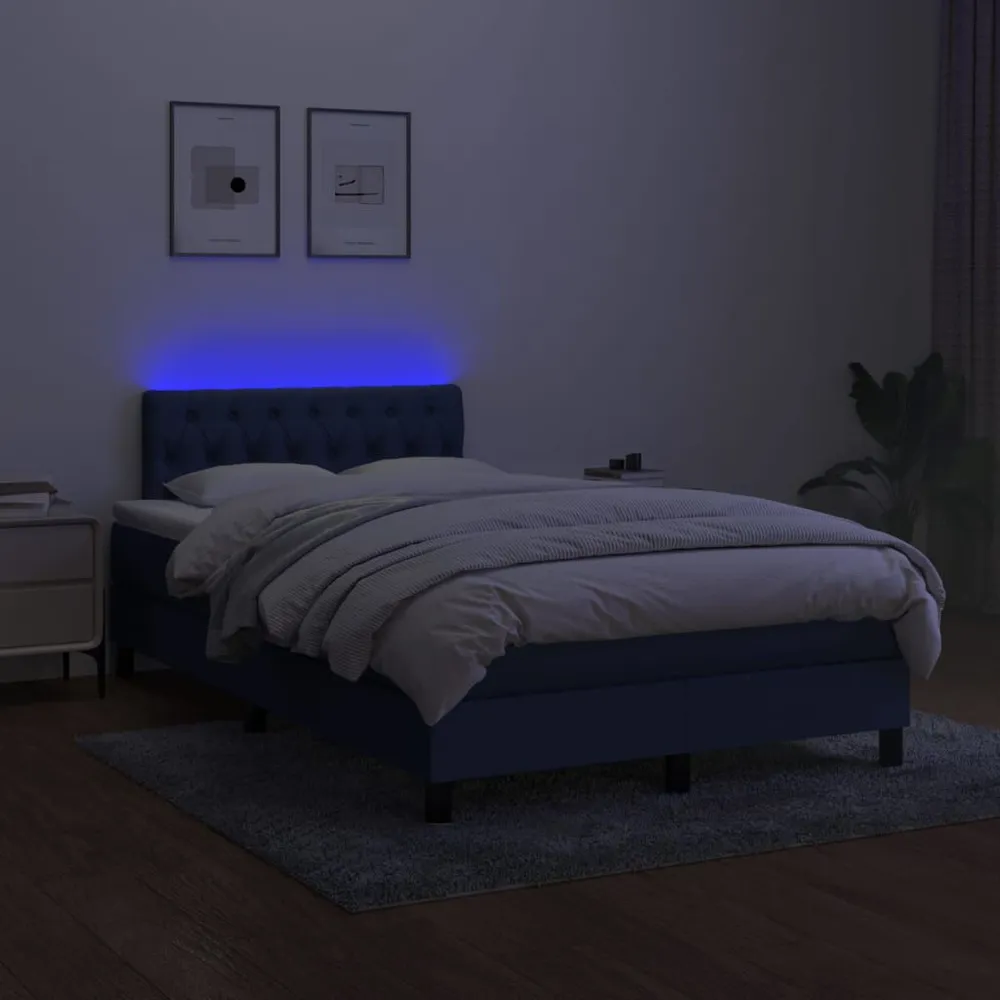 Cama box spring com colchão e LED 120x190 cm tecido azul