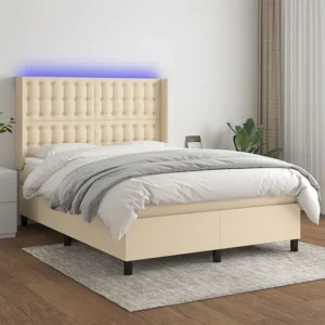 Cama box spring com colchão e LED 140x190 cm tecido cor creme