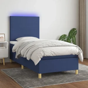 Cama box spring com colchão e LED 90x190 cm tecido azul
