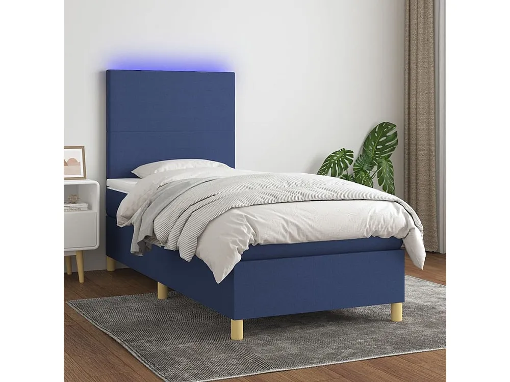 Cama box spring com colchão e LED 90x190 cm tecido azul
