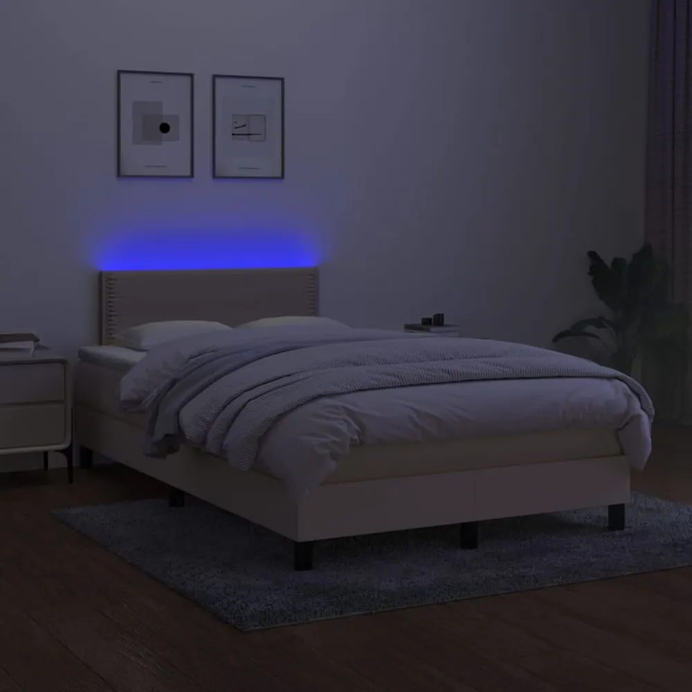 Cama box spring com colchão e LED 120x190 cm tecido cor creme