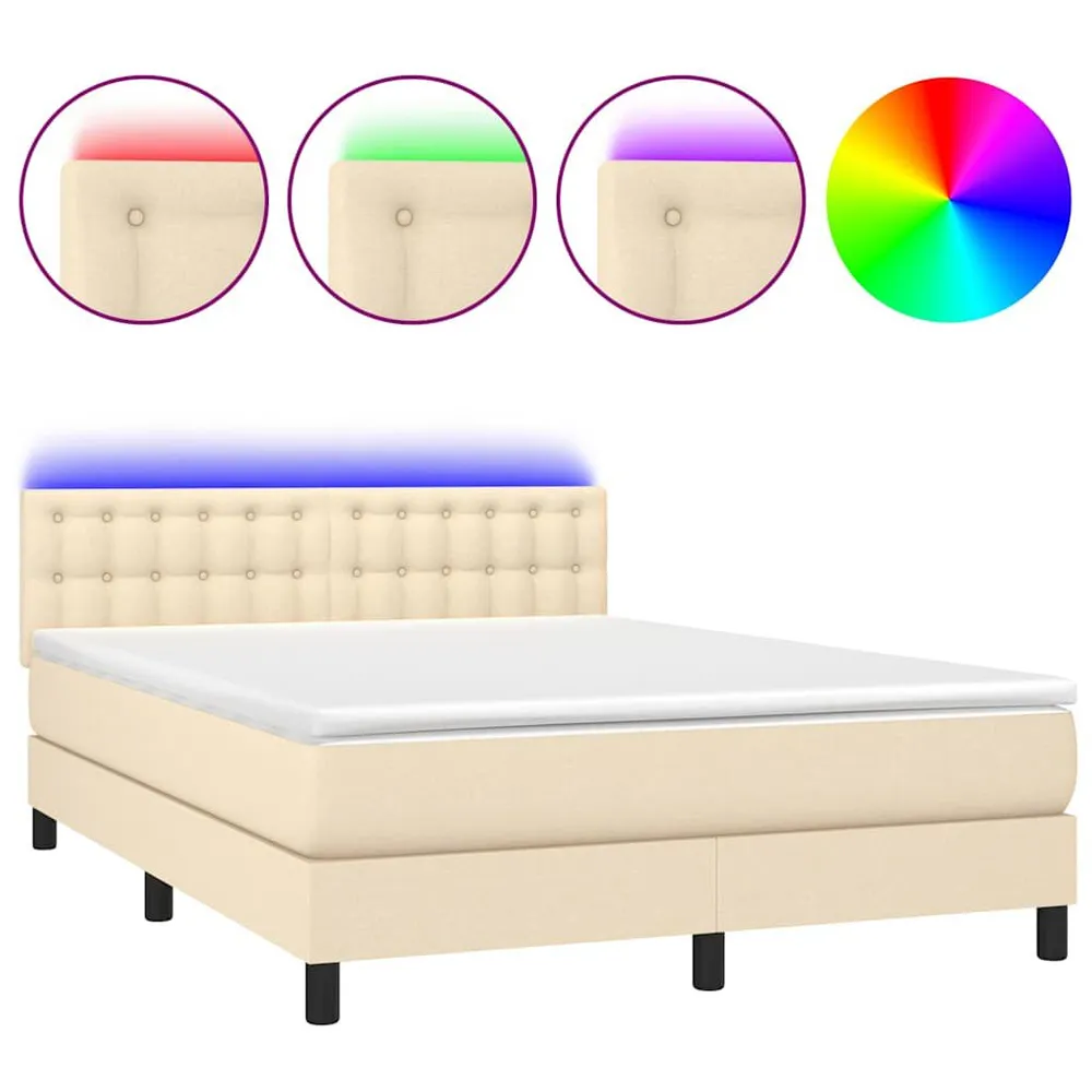 Cama box spring com colchão e LED 140x190 cm tecido cor creme