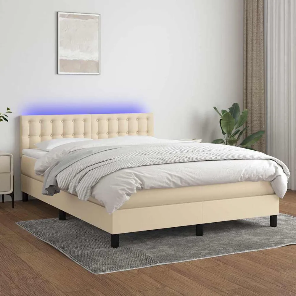Cama box spring com colchão e LED 140x190 cm tecido cor creme
