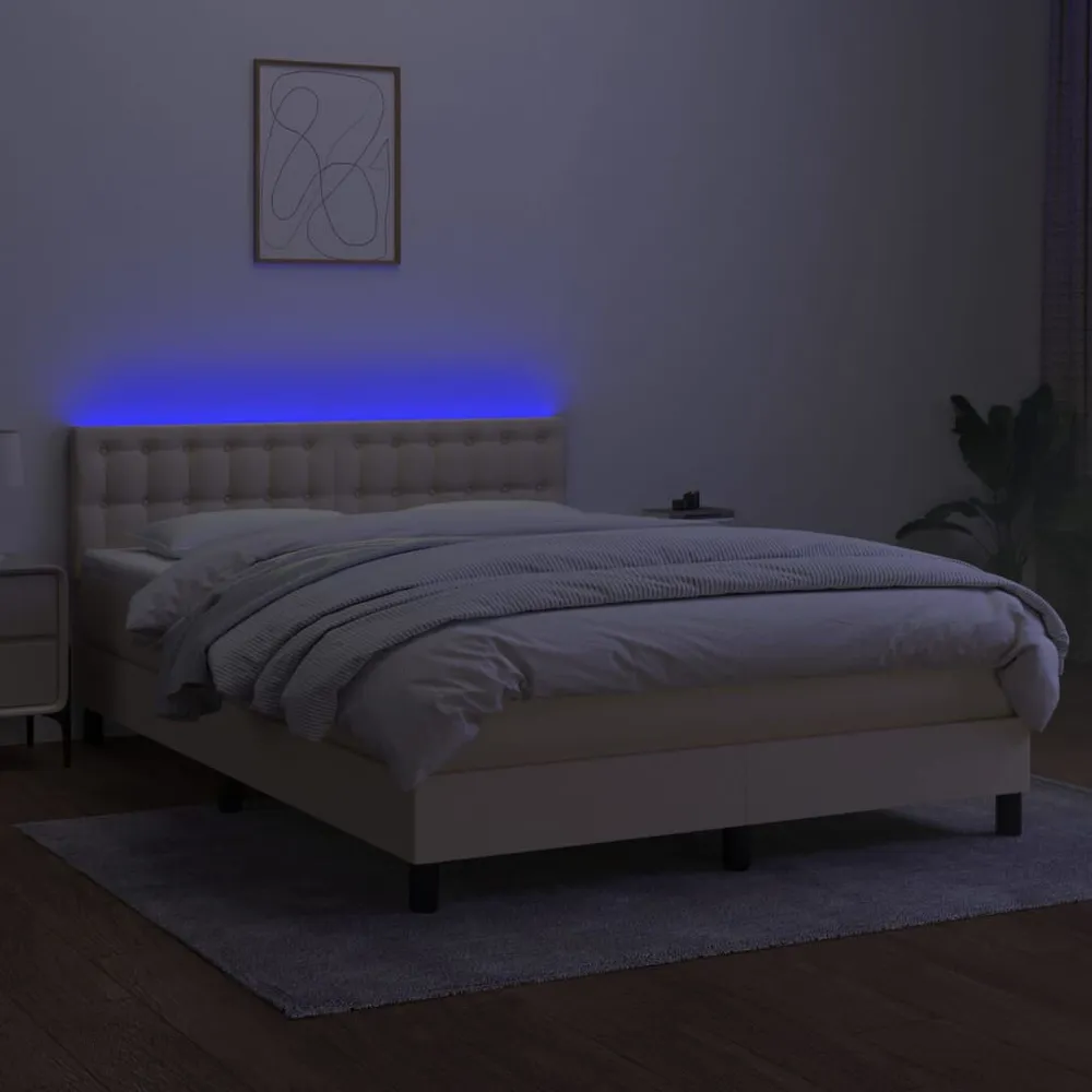 Cama box spring com colchão e LED 140x190 cm tecido cor creme