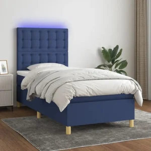 Cama box spring com colchão e LED 90x190 cm tecido azul