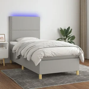 Cama box spring com colchão e LED 90x200 cm tecido cinza-claro