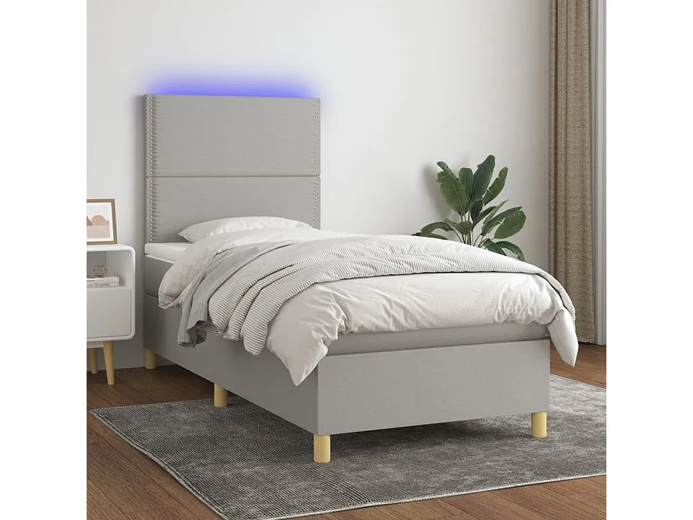 Cama box spring com colchão e LED 90x200 cm tecido cinza-claro