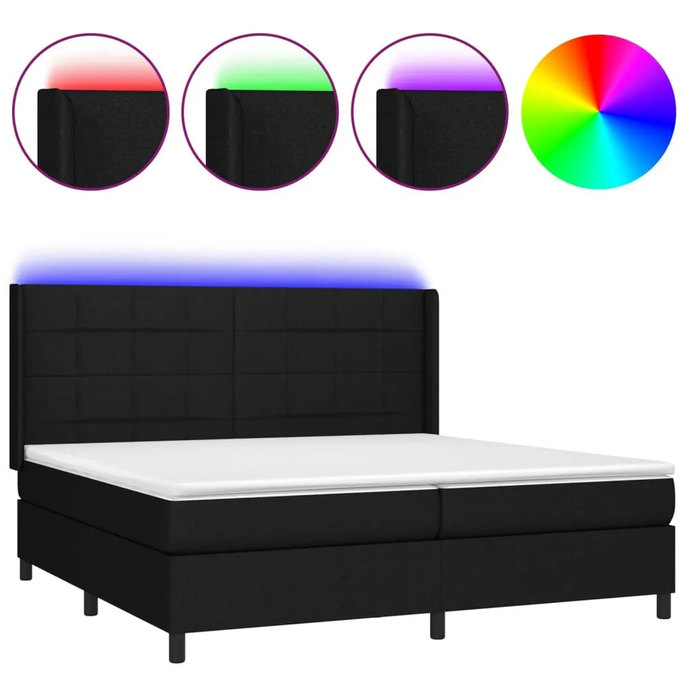 Cama box spring com colchão e LED 200x200 cm tecido preto