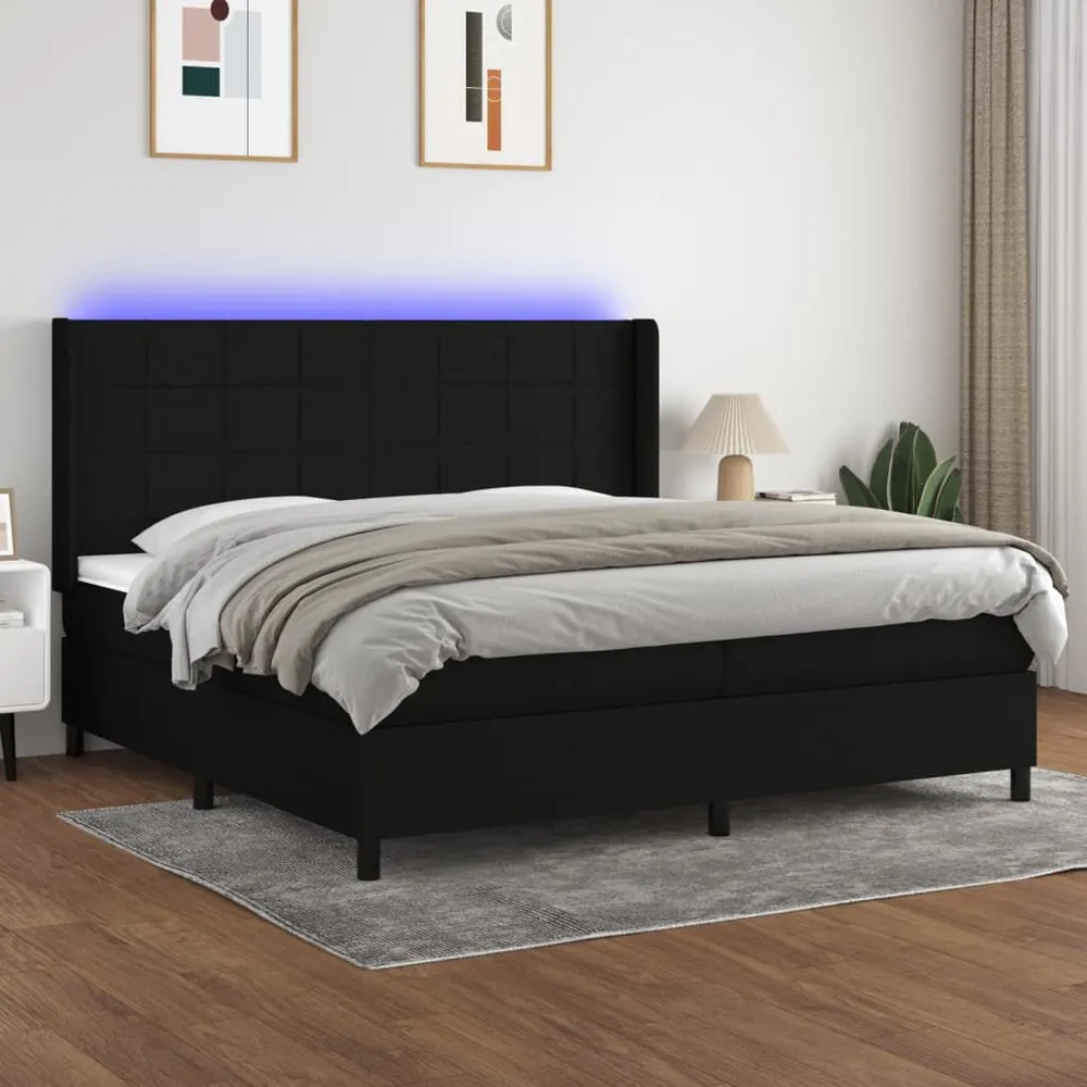 Cama box spring com colchão e LED 200x200 cm tecido preto
