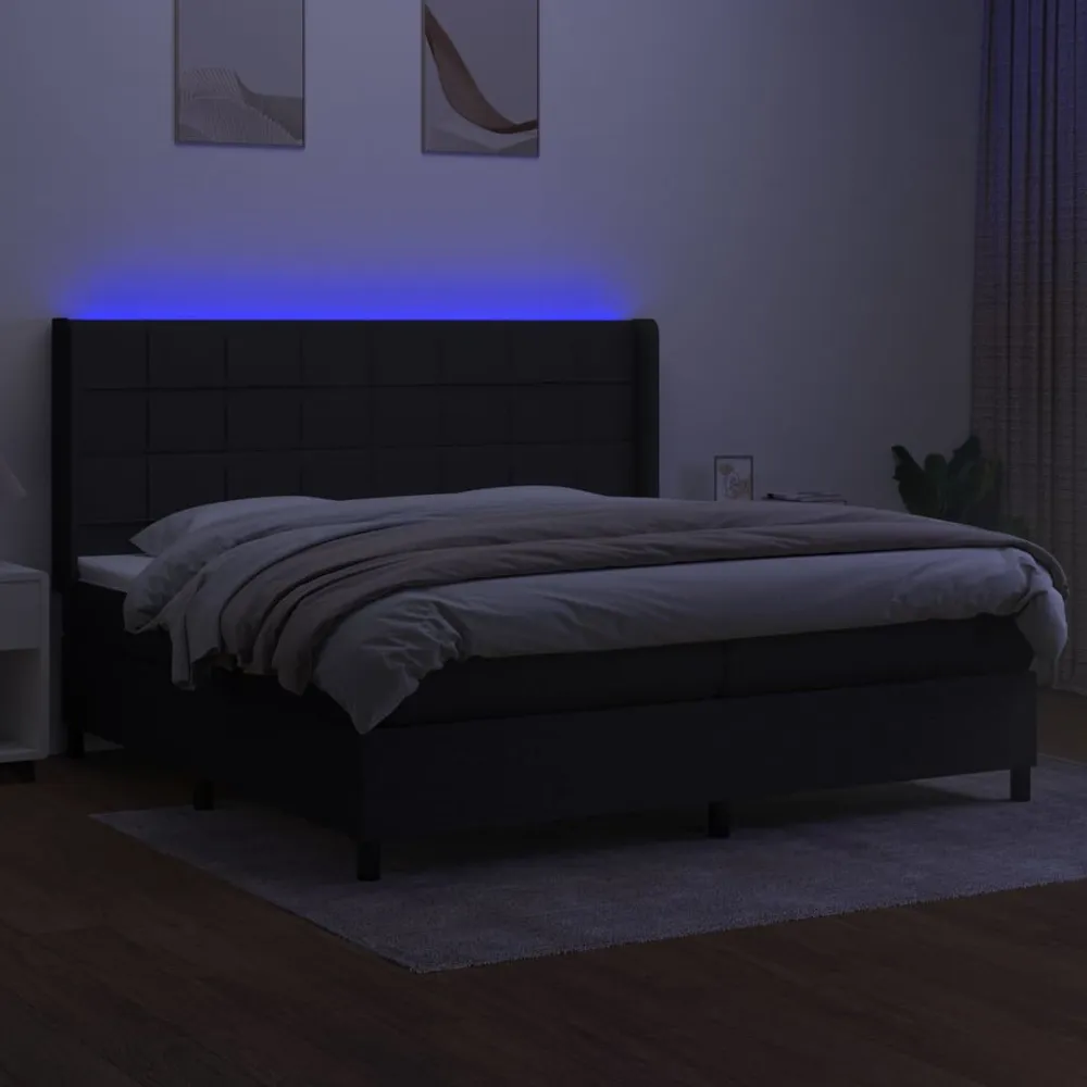 Cama box spring com colchão e LED 200x200 cm tecido preto