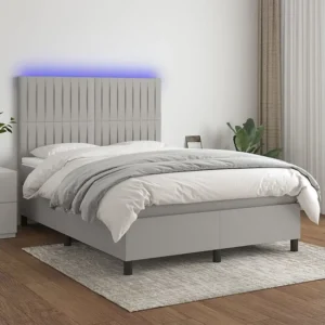 Cama box spring com colchão e LED 140x190 cm tecido cinza-claro