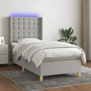 Cama box spring com colchão e LED 90x200 cm tecido cinza-claro