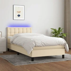 Cama box spring com colchão e LED 90x190 cm tecido cor creme