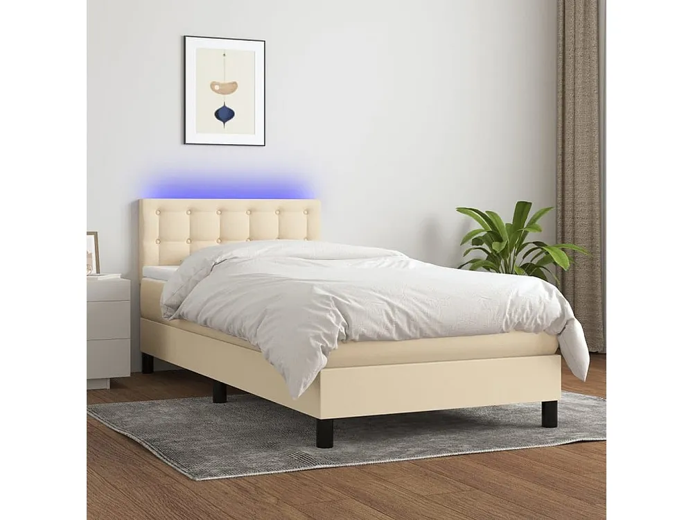Cama box spring com colchão e LED 90x190 cm tecido cor creme