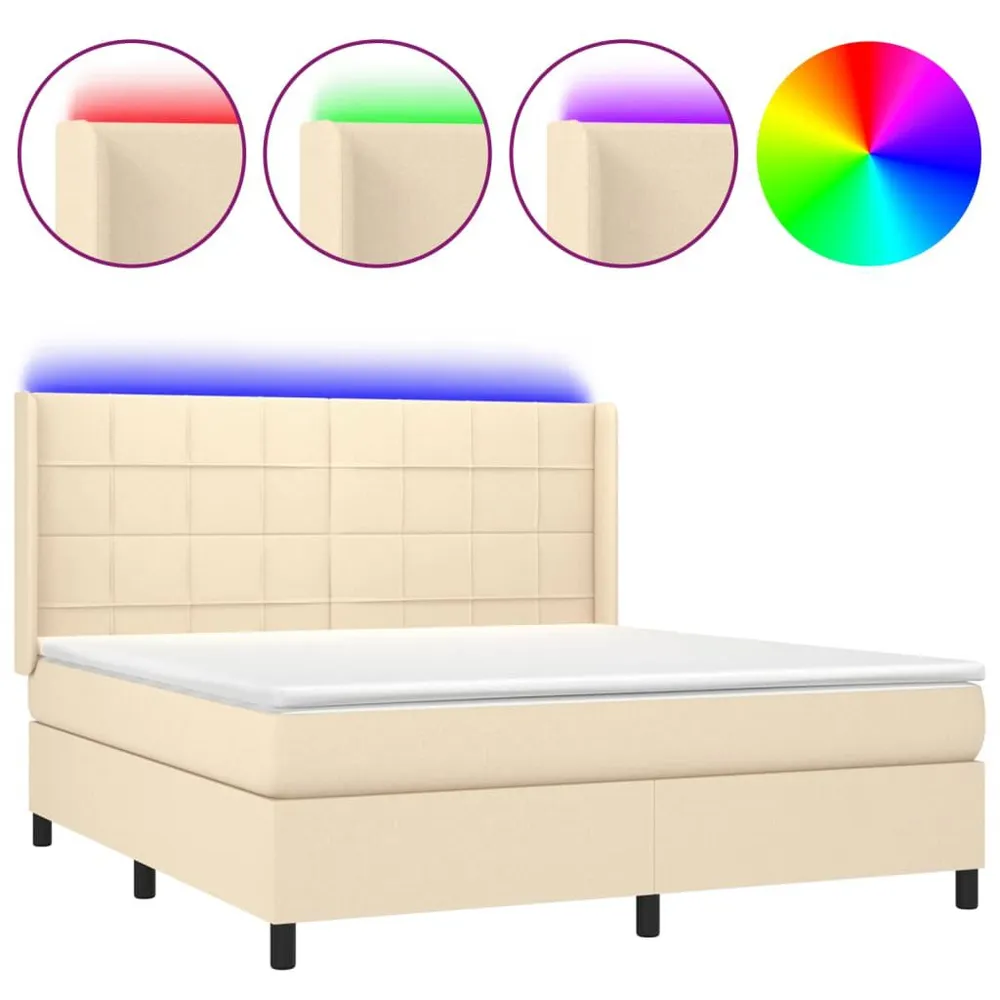 Cama box spring com colchão e LED 160x200 cm tecido cor creme