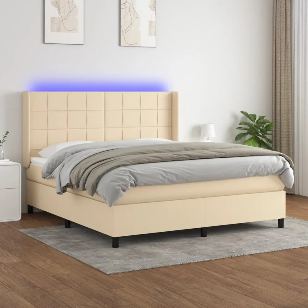 Cama box spring com colchão e LED 160x200 cm tecido cor creme