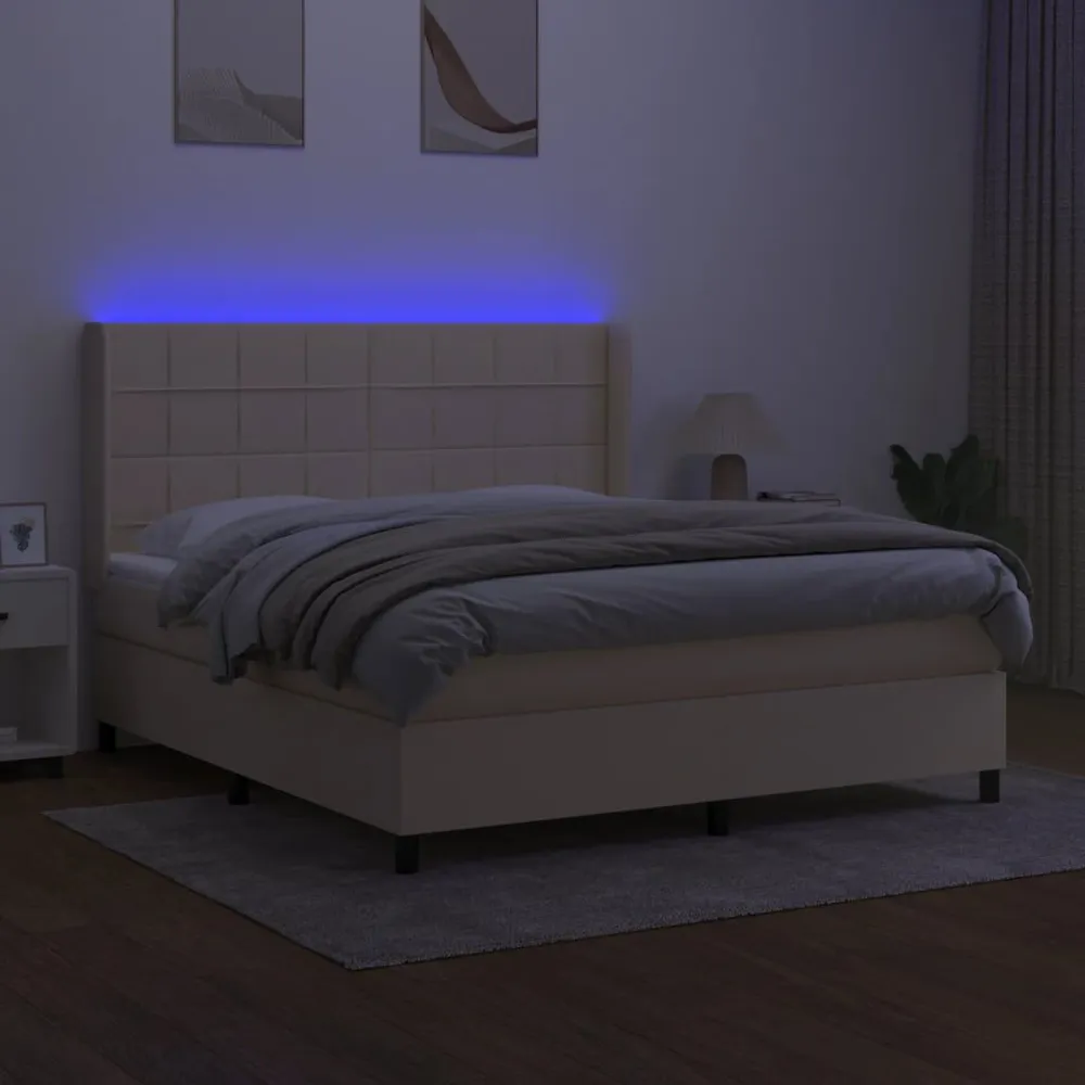 Cama box spring com colchão e LED 160x200 cm tecido cor creme