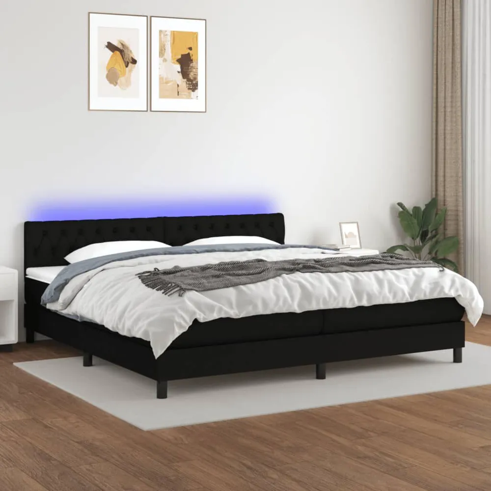 Cama box spring com colchão e LED 200x200 cm tecido preto