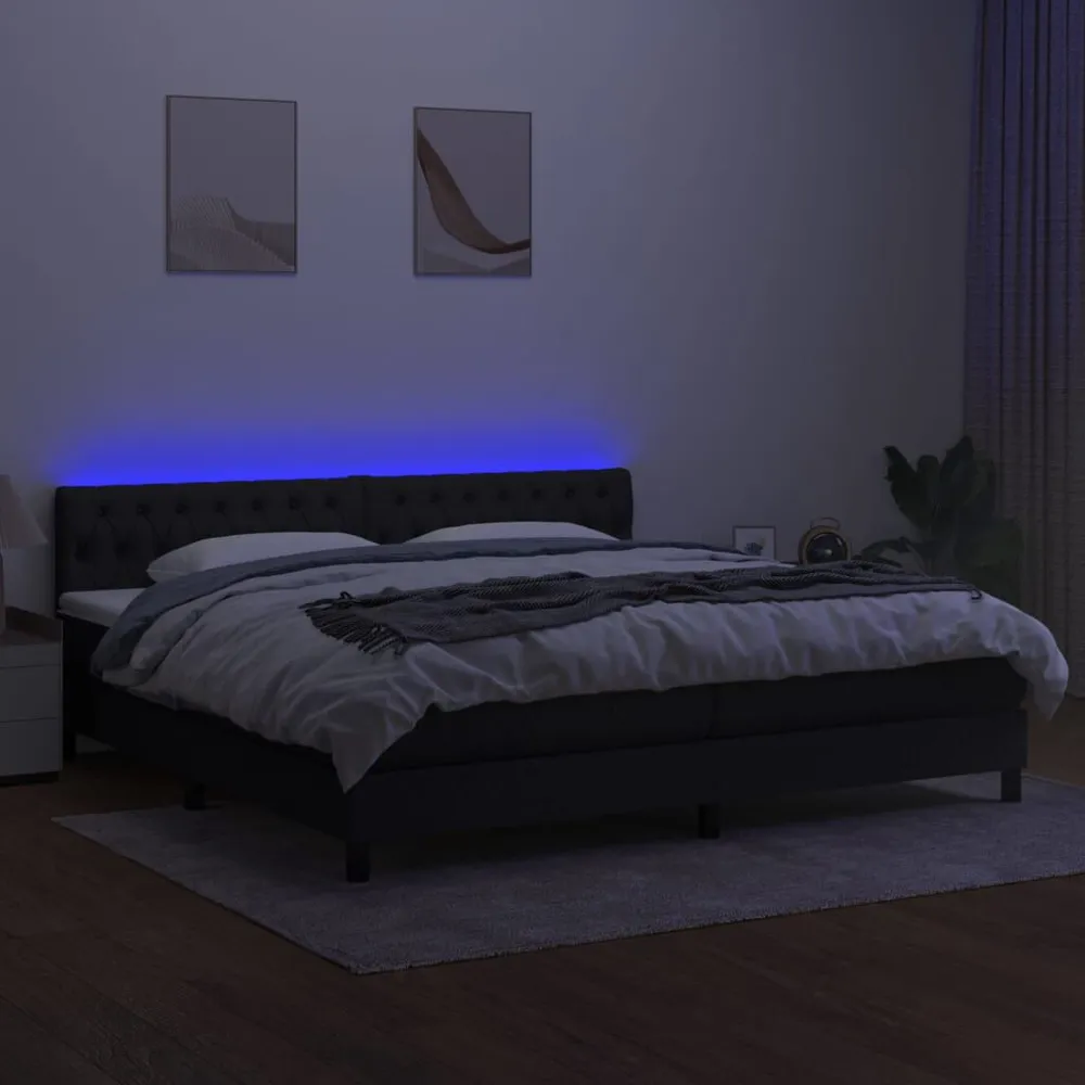 Cama box spring com colchão e LED 200x200 cm tecido preto