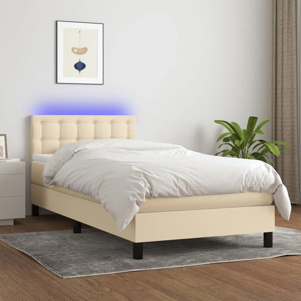 Cama box spring com colchão e LED 80x200 cm tecido cor creme