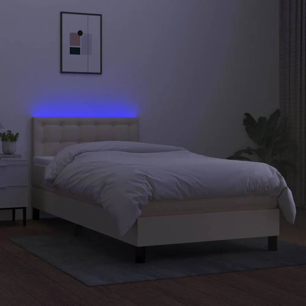 Cama box spring com colchão e LED 80x200 cm tecido cor creme