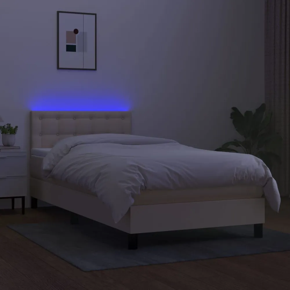 Cama box spring com colchão e LED 80x200 cm tecido cor creme