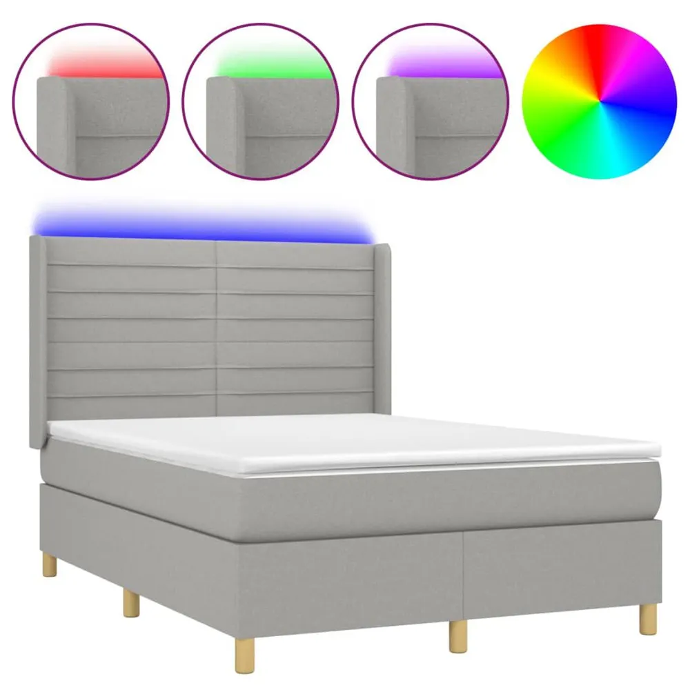Cama box spring com colchão e LED 140x190 cm tecido cinza-claro