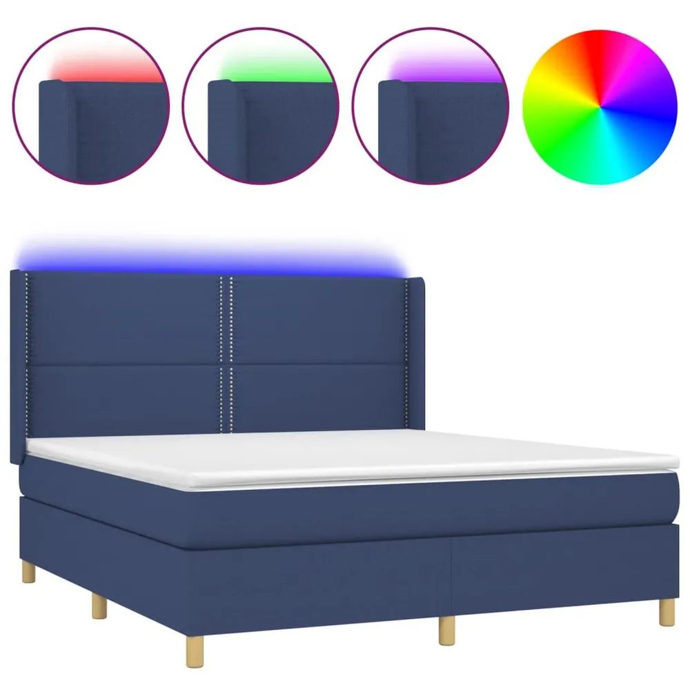 Cama box spring com colchão e LED 180x200 cm tecido azul