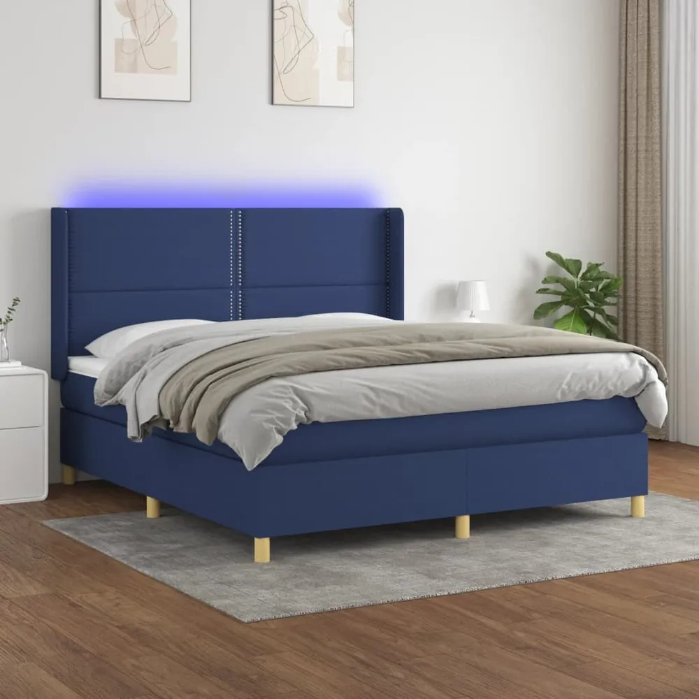 Cama box spring com colchão e LED 180x200 cm tecido azul