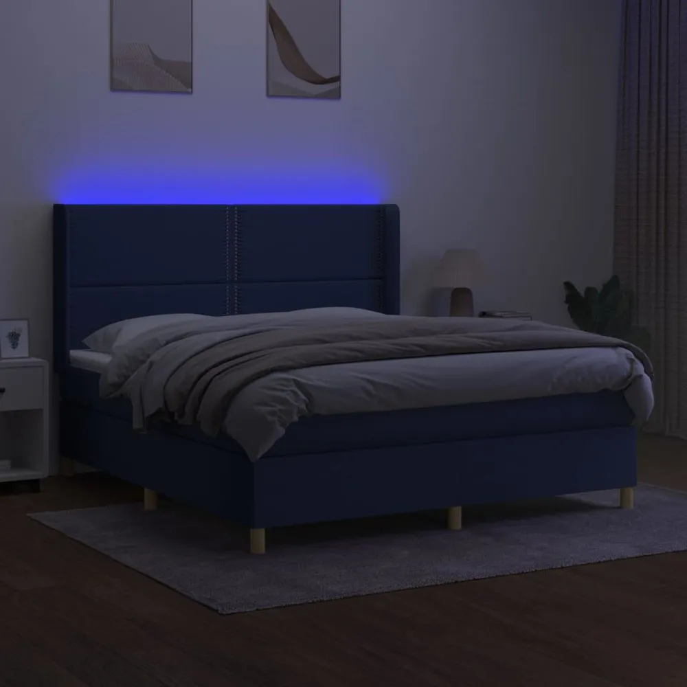 Cama box spring com colchão e LED 180x200 cm tecido azul