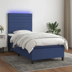 Cama box spring com colchão e LED 90x190 cm tecido azul