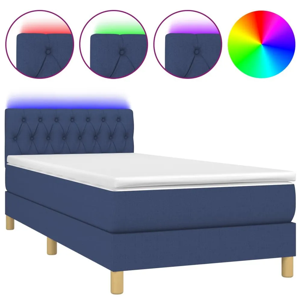Cama box spring com colchão e LED 90x200 cm tecido azul