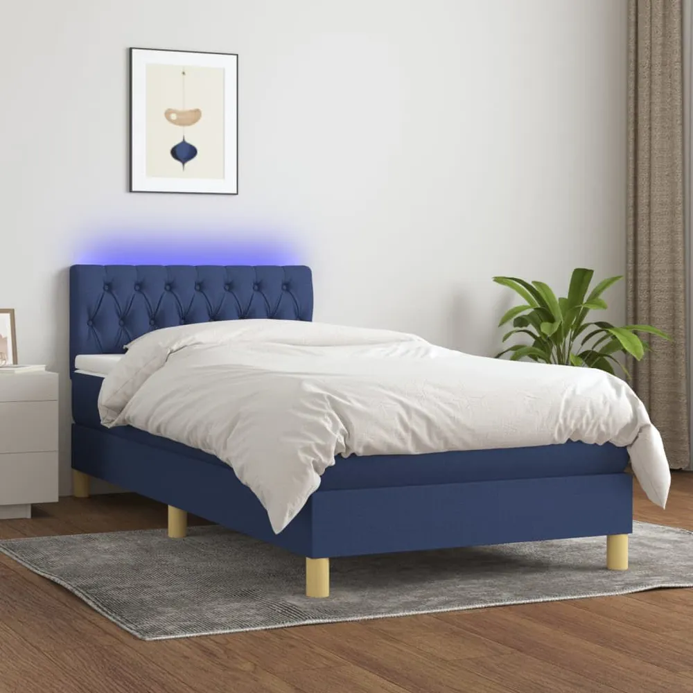 Cama box spring com colchão e LED 90x200 cm tecido azul