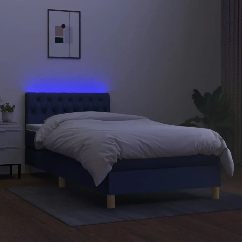 Cama box spring com colchão e LED 90x200 cm tecido azul