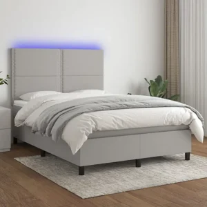 Cama box spring com colchão e LED 140x190 cm tecido cinza-claro
