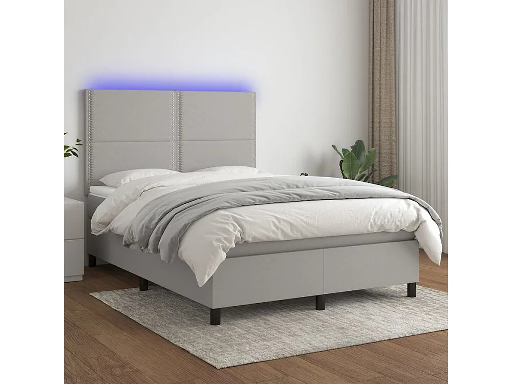Cama box spring com colchão e LED 140x190 cm tecido cinza-claro