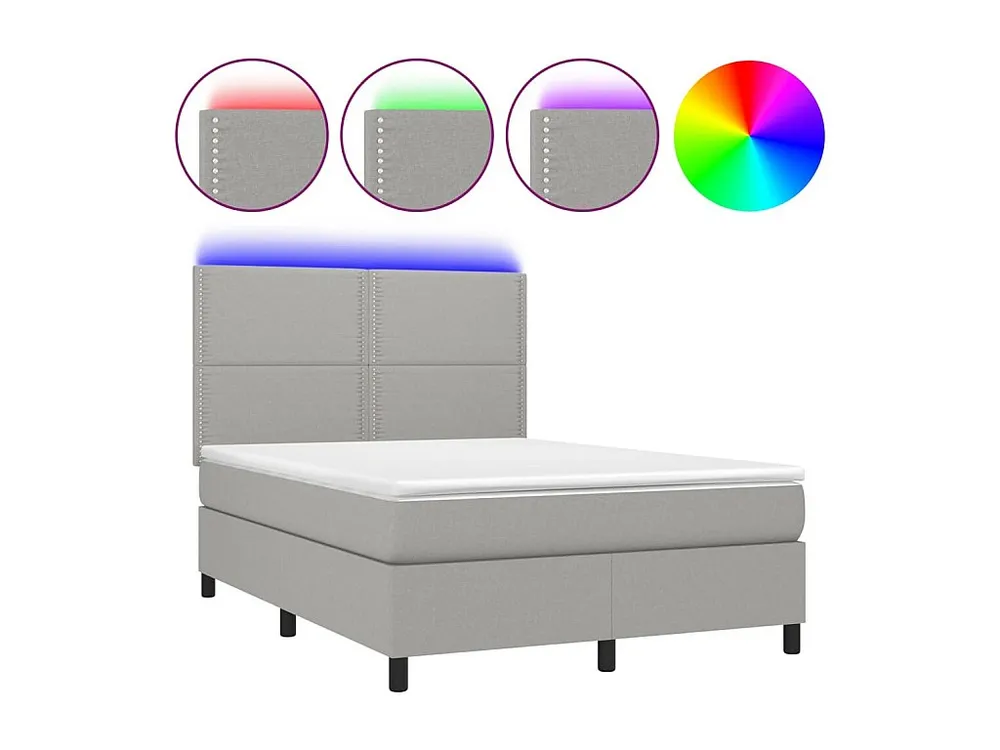 Cama box spring com colchão e LED 140x190 cm tecido cinza-claro