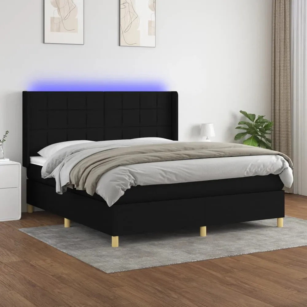 Cama box spring com colchão e LED 160x200 cm tecido preto