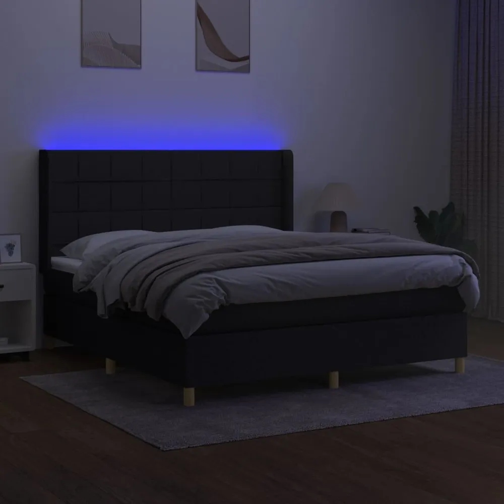 Cama box spring com colchão e LED 160x200 cm tecido preto