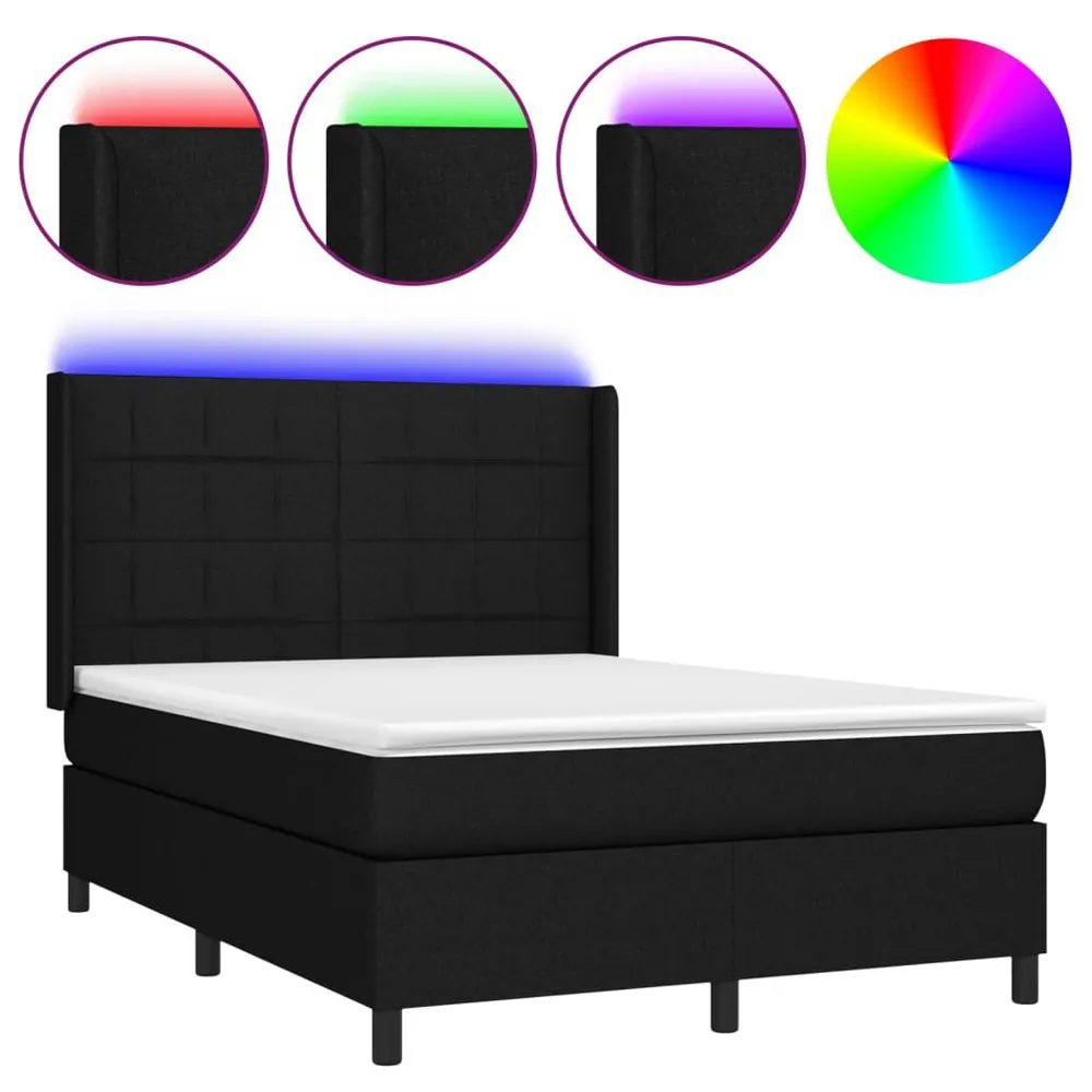 Cama box spring com colchão e LED 140x190 cm tecido preto