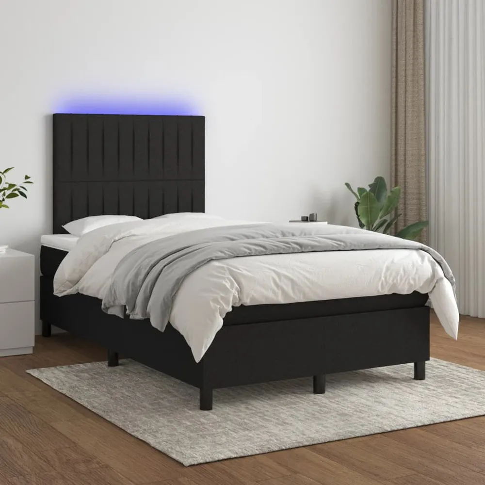 Cama box spring com colchão e LED 120x200 cm tecido preto