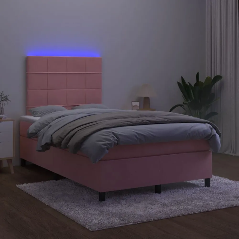 Cama box spring com colchão luzes e LED 120x190 cm veludo rosa