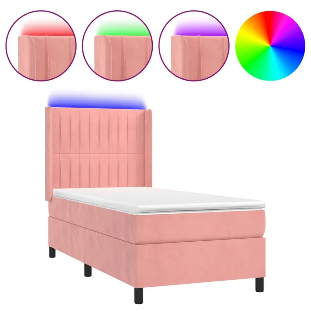 Cama box spring com colchão/LED 100x200 cm veludo rosa
