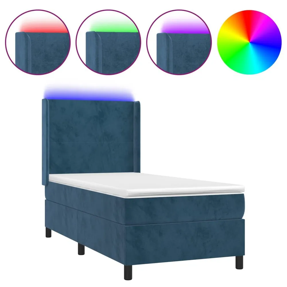 Cama box spring com colchão/LED 100x200 cm veludo azul-escuro