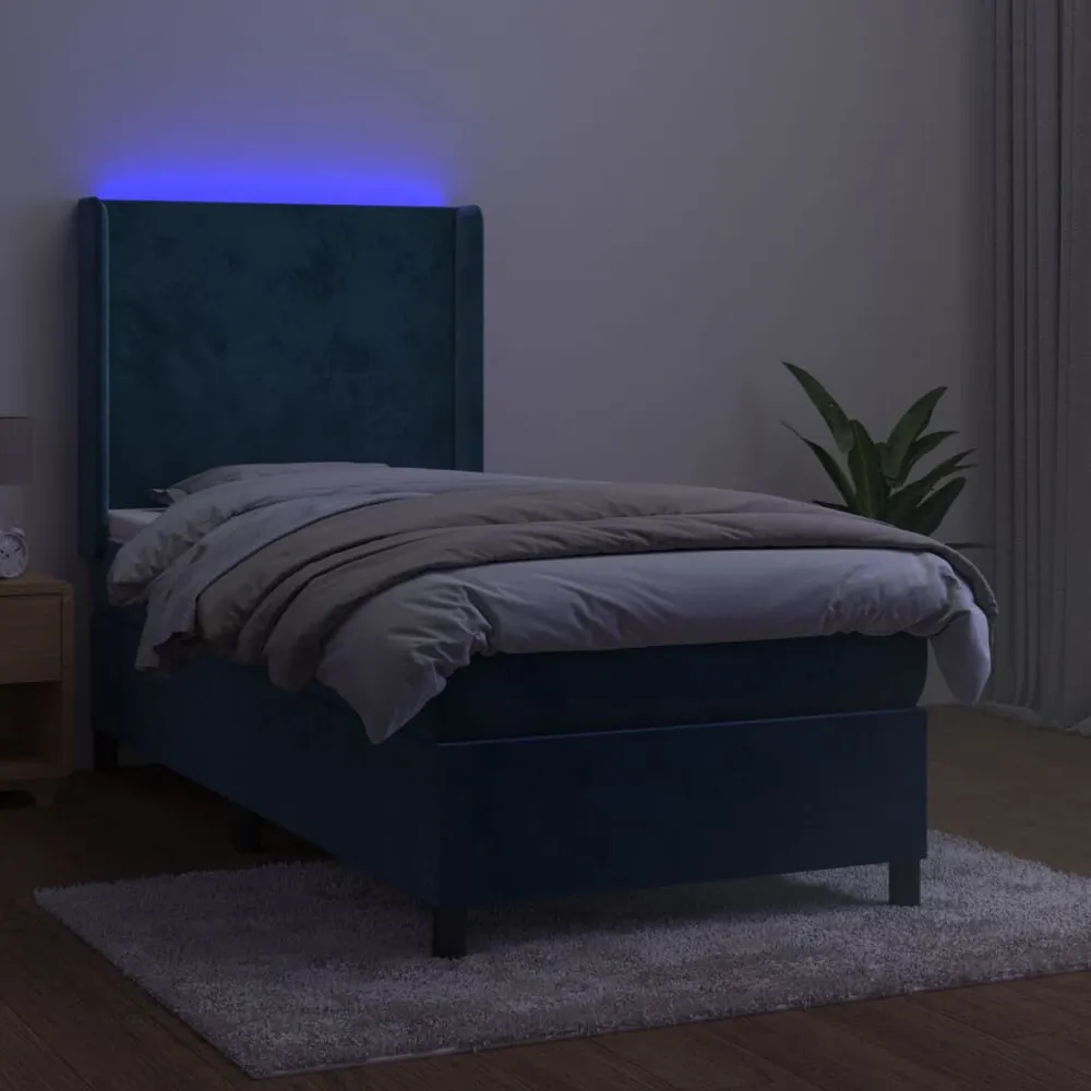 Cama box spring com colchão/LED 100x200 cm veludo azul-escuro